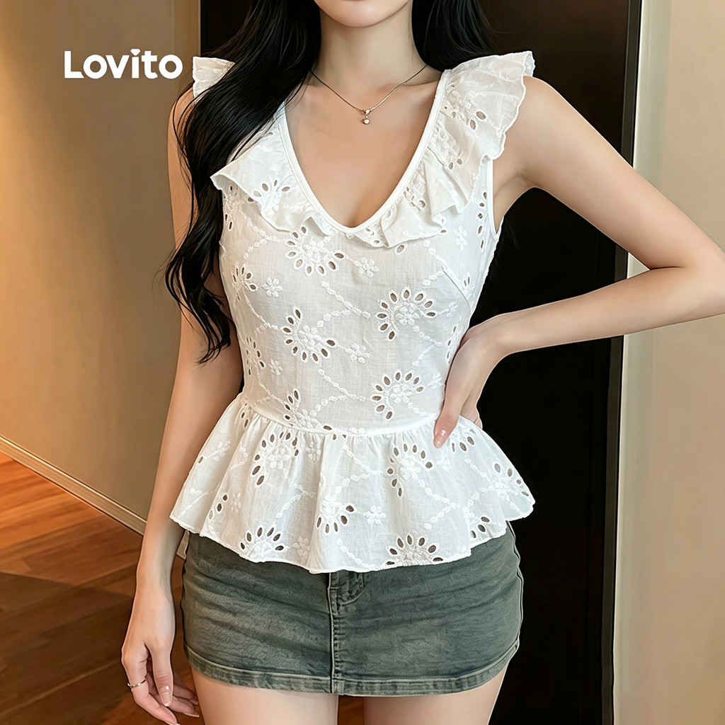 Lovito Blusa Boho com Laço Traseiro e Babados Bordado de Ilhós Blusa Branca de para Mulheres BLK8P1D555 · foto 2