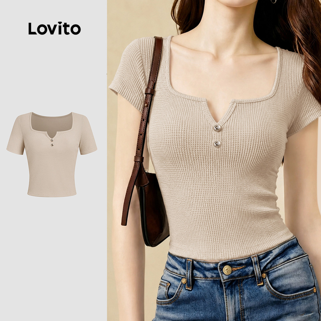 (New Arrival) Lovito Camiseta Elegante Botão Casual Primavera/verão Camiseta Caq