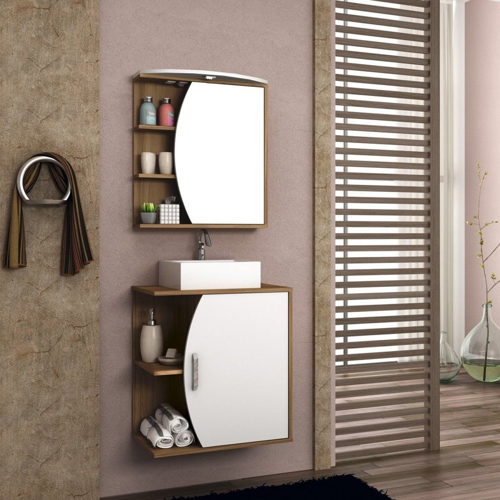 Conjunto para Banheiro 3 Peças 1 Gabinete com Cuba 1 Espelheira Duna Marrom/Nogal/Branco