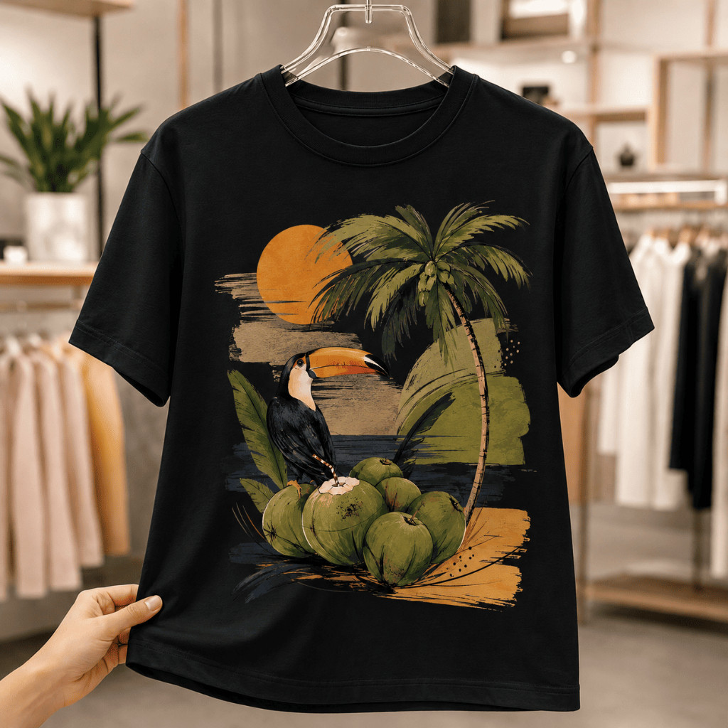 Camiseta Feminina Básica Tropical Tucano Coqueiro Praia 100% Algodão Estilosa Confortável