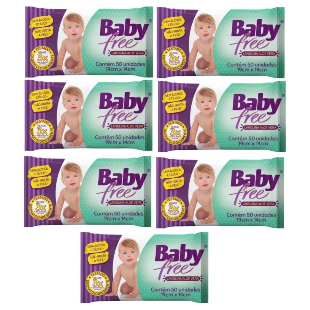 Kit com 7 Lenços Umedecidos Baby Free Toalha Umedecida Qualybless 7 Pacotes com 50 unidades