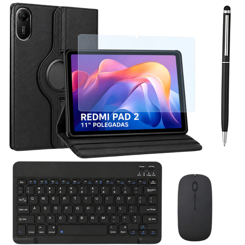 Kit para Redmi Pad 2 11" Pol Capa Couro Giratória + Película de Vidro + Teclado e Mouse Bluetooth + Caneta touch 2 em 1