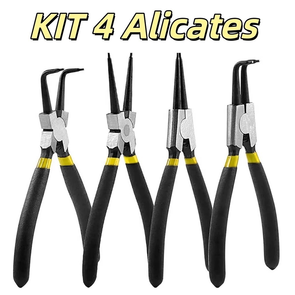 Kit 4 Alicates Para Trava Anel Extrator Profissional Jogo Com Bico Reto e Curvo Interno e Externo LWJ-1970