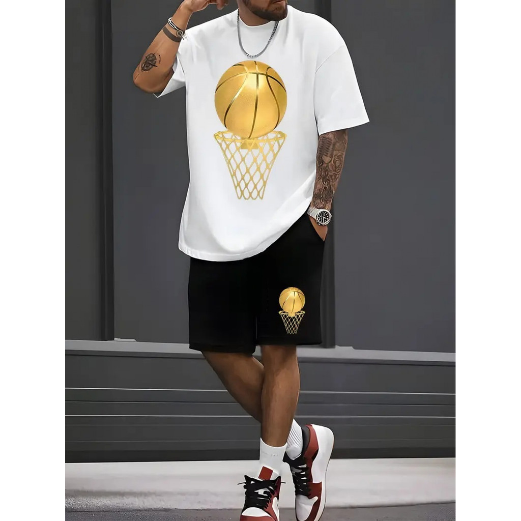 Roupas de moda masculina, verão casual em torno do pescoço camiseta Shorts terno, férias masculinas roupas de Fitness ca