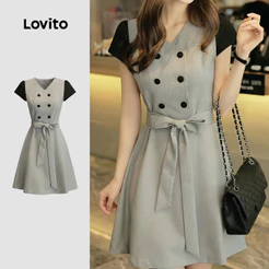 Lovito Vestido com Blocos de Cores e Botões para Mulheres Cinza primavera/verão LK7AD267