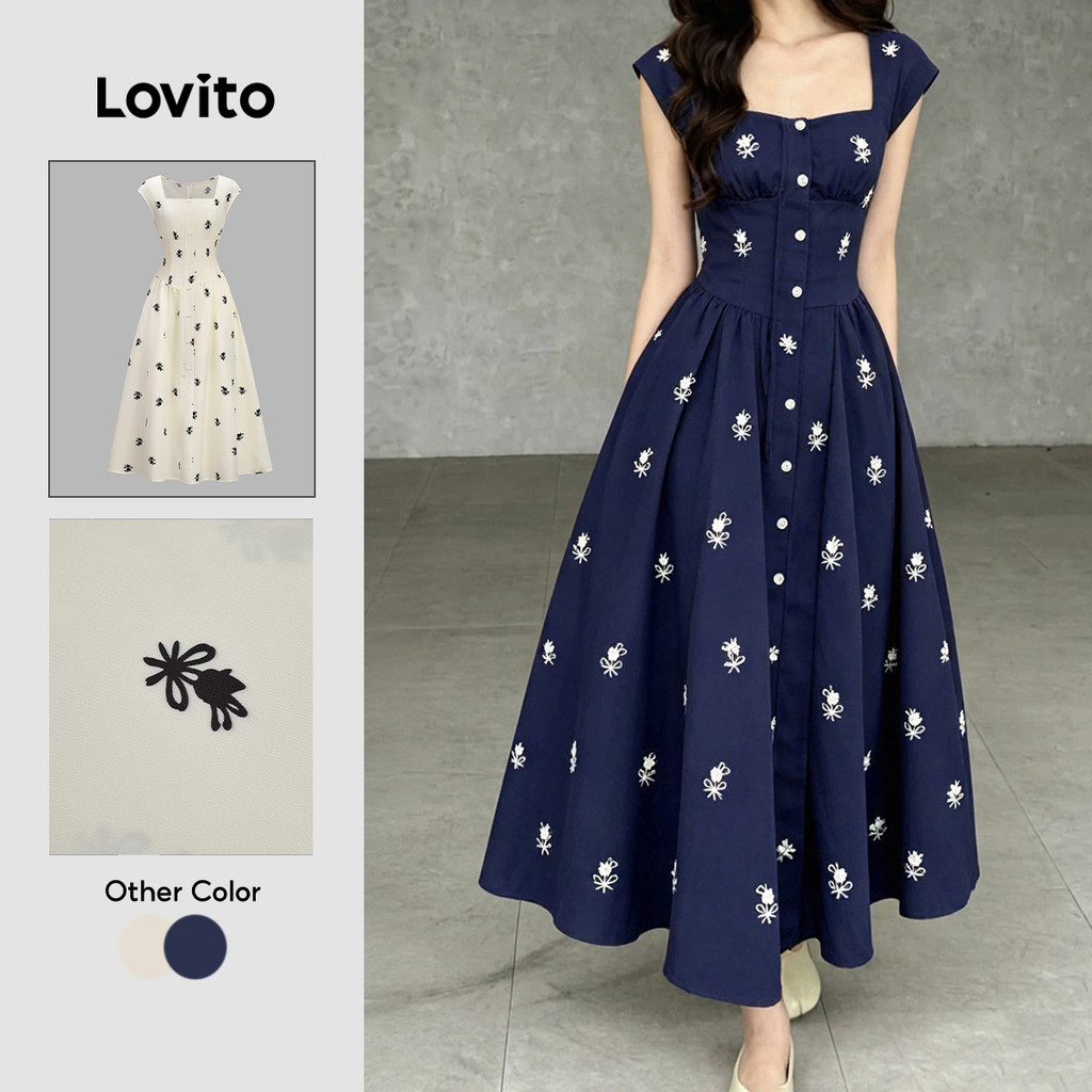 (New Arrival) Lovito Vestido Elegante com Botão Primavera/verão Vestido Azulescu