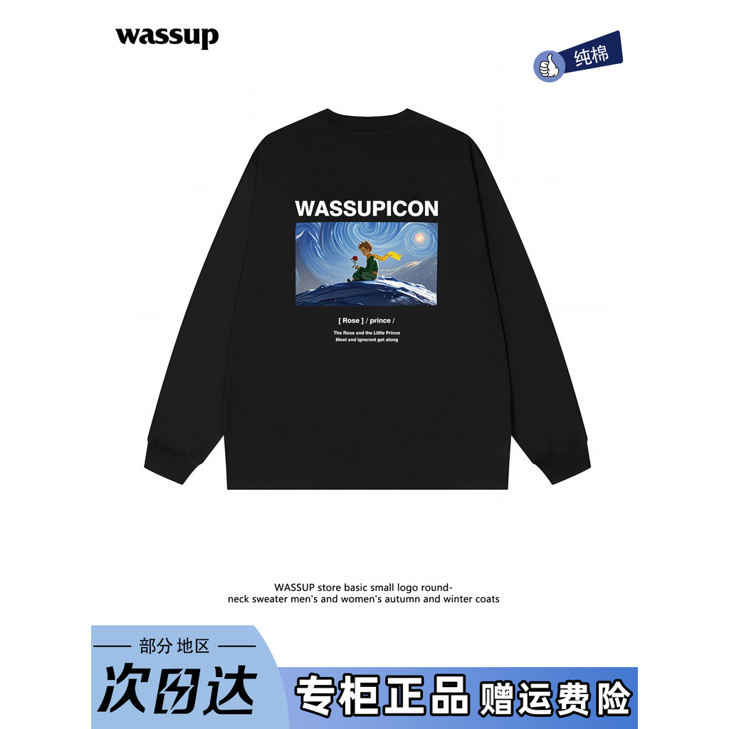 WASSUP Americano Retro Street Wear Nicho Impressão Em Torno Do Pescoço De Manga Comprida Camiseta Masculina Primavera Ou