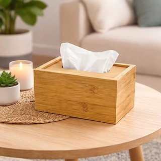Porta Lenço de Bambu 20x20x10cm Caixa Organizadora Multiuso até 150 Lenços Mesa Banheiro Escritório