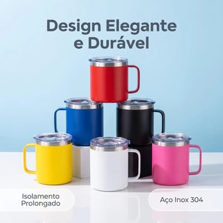 Xícara Caneca Térmica 360ml Aço Inoxidável 304 Com Alça E Tampa Copo Térmico Mantém Quent…