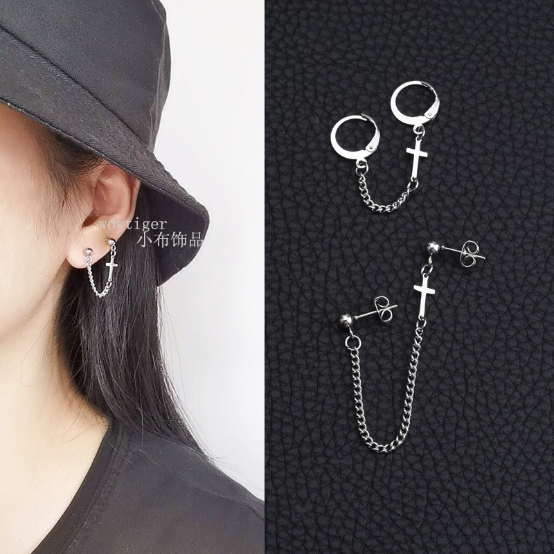 Punk Metal duplo piercing brincos na moda masculino feminino brincos integrados clipe de orelha simples cruz borla brinc