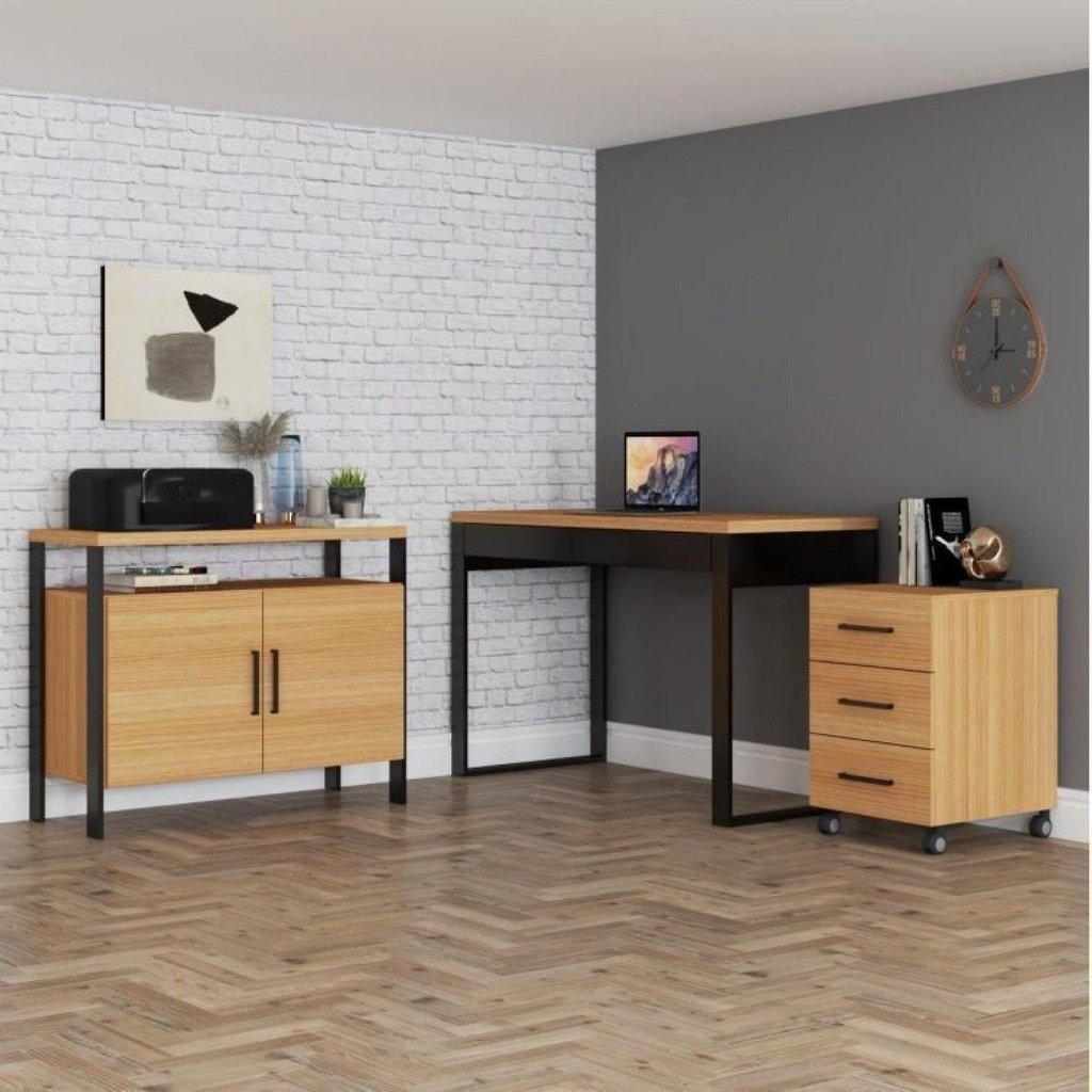 Conjunto 3 Peças 100% MDF com Escrivaninha, Gaveteiro e Balcão Estilo Industrial Marrom