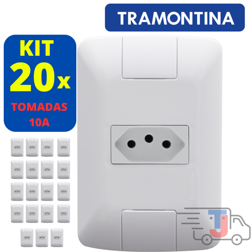 KIT c/ 20 Tomadas 10A c/Placa Tramontina 4x2 - Linha Aria