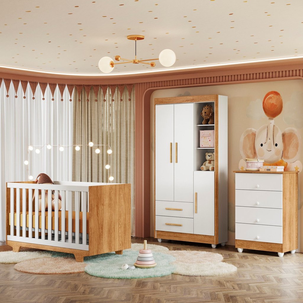 Quarto de Bebê Cômoda Berço e Guarda Roupa com Colchão Nina Branco/Amadeirado