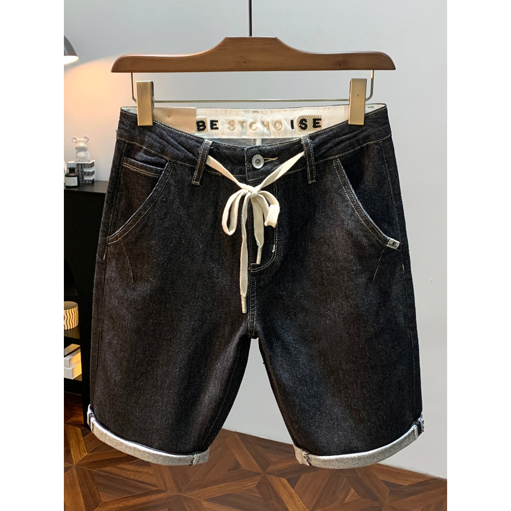 Anti-desbotamento preto amarrado Denim Shorts masculino verão fino bolso Diagonal calças de cinco pontos elástico Casual