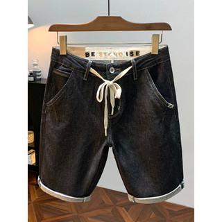 Anti-desbotamento preto amarrado Denim Shorts masculino verão fino bolso Diagonal calças de cinco pontos elástico Casual