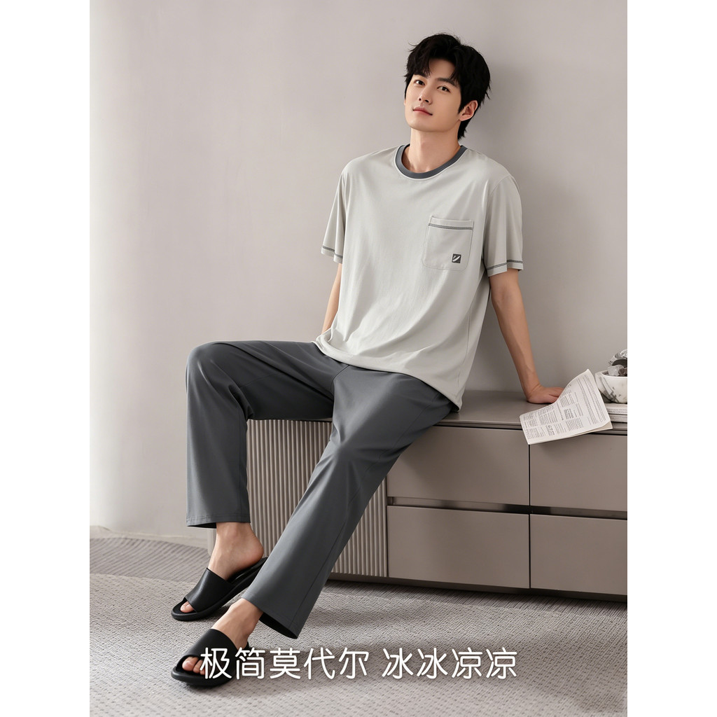Pijamas de verão masculinos estilo fino Modal calças de manga curta em torno do pescoço macio solto gelo seda masculino 