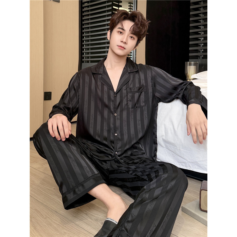 Pijamas masculinos primavera outono gelo seda terno de manga comprida estilo fino verão seda Homewear terno 2026 novo es