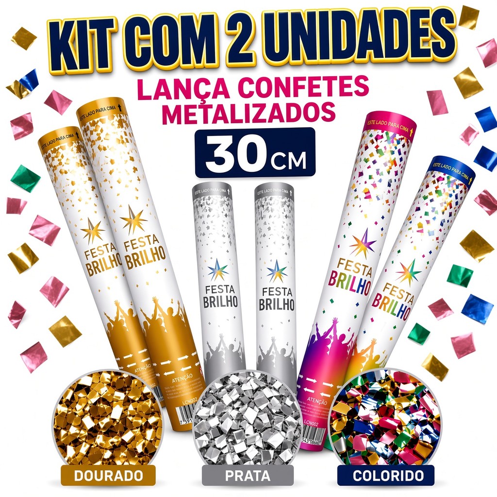 KIT 2 LANCA CONFETES PARA FESTAS 30CM METALIZADO DOURADO PRATA COLORIDO