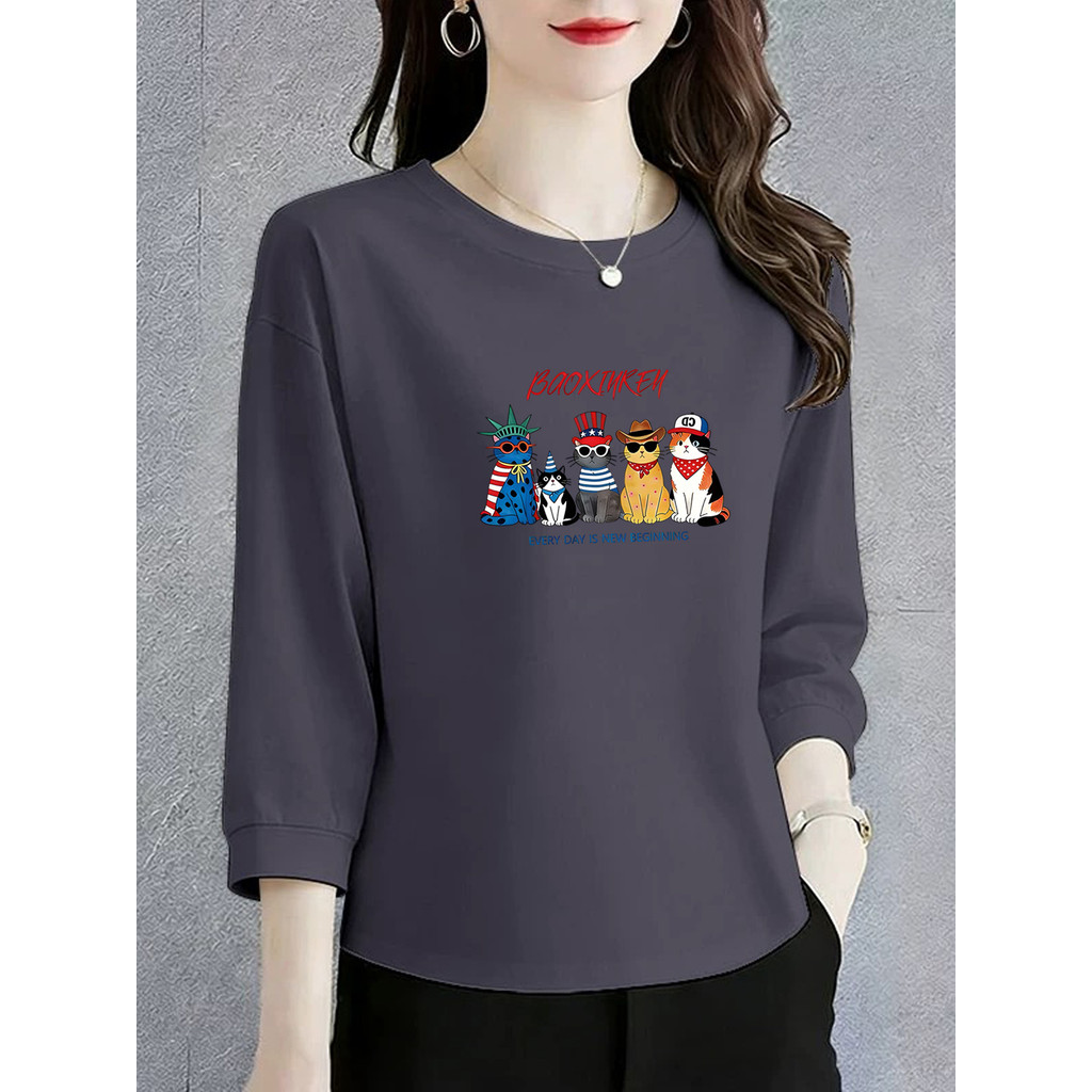 Exportação de comércio exterior dos desenhos animados impresso manga de três quartos camiseta feminina em torno do pesco