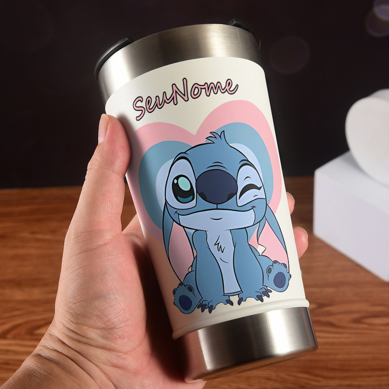copo termico Personalizado aço inoxidável 473ml Portátil Reutilizável Abridor De Garrafa Stitch da Disney Onça Rosa
