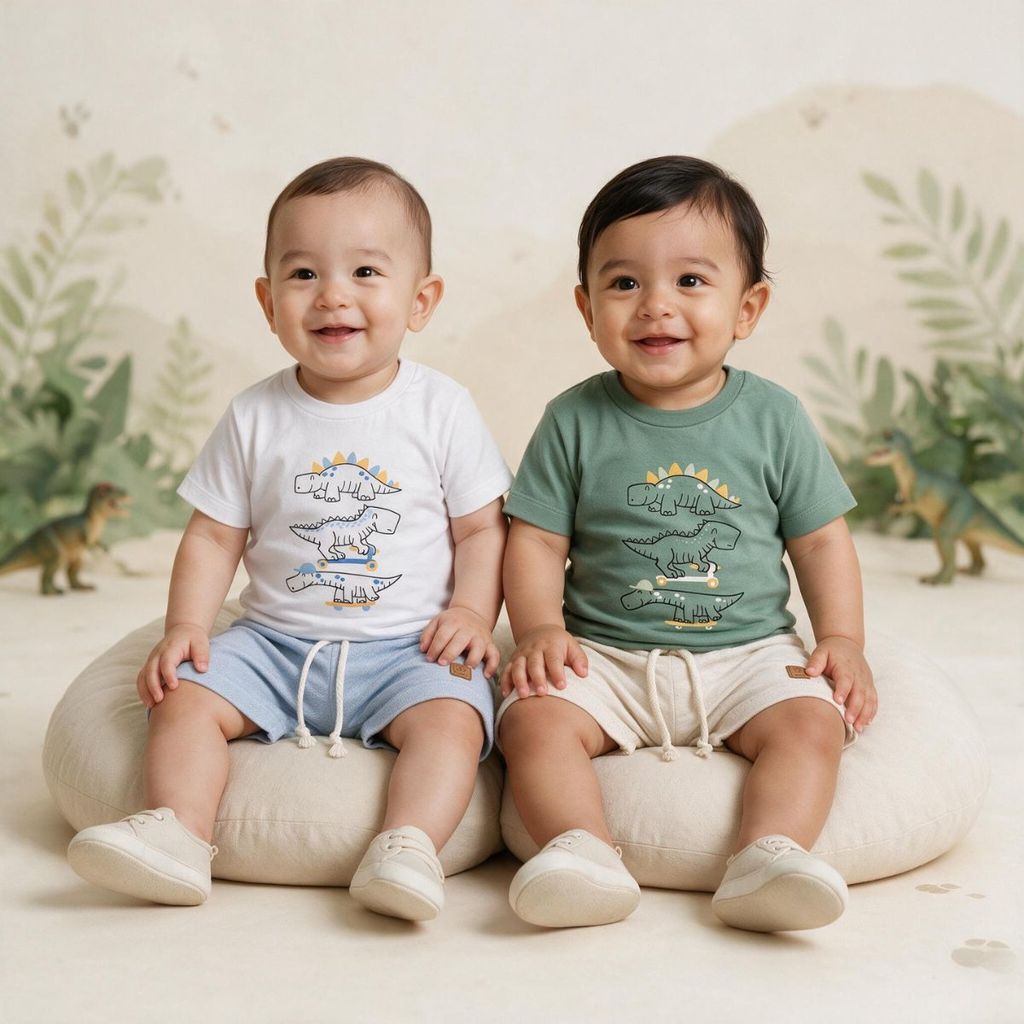 Conjunto Menino Dinossauro Infantil Kit Camiseta Bermuda Look Casual Conjunto Verão Camiseta Algodão