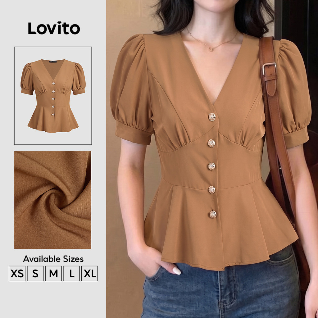 (New Arrival) Lovito Blusa Marrom Feminina Elegante De Manga Curta Decote V Botões Pérolas E Pregas Para Trabalho Primavera/Verão BLB201P1D242