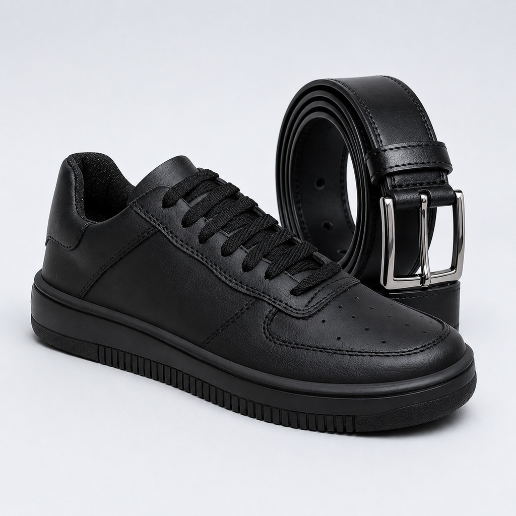 Tenis Force Air Masculino Casual Couro Branco Preto Leve Confortável + Cinto