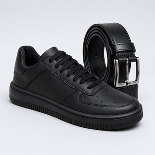 Tenis Force Air Masculino Casual Couro Branco Preto Leve Confortável + Cinto