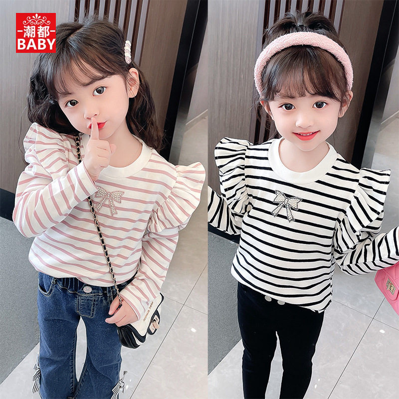 Meninas de manga comprida camiseta primavera outono estilo listrado camisa de fundo das crianças médio grande crianças m