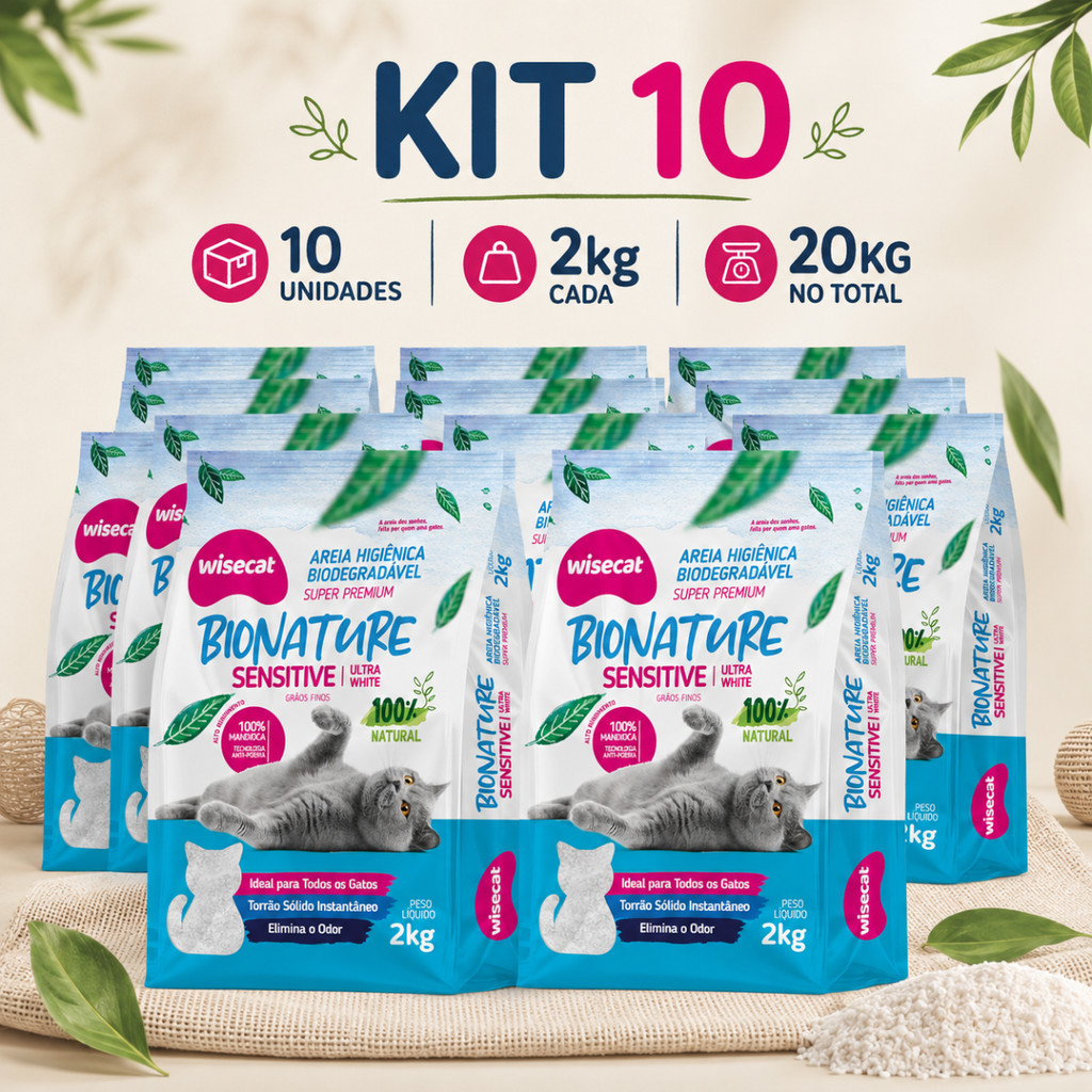 Kit 10 Areia Sanitária De Mandioca 2kg Grãos Finos Para Gatos Biodegradável Wisecat 20kg FARDO