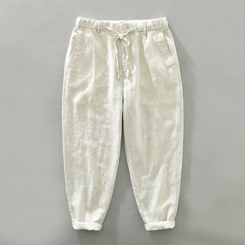 Calças de linho masculinas primavera verão calças retas finas calças masculinas de linho puro solto magro calças casuais