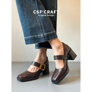Versão de pele de carneiro ~ Sapatos retrô de salto alto Mary Jane com alça plana e bico quadrado para viagem, plataform
