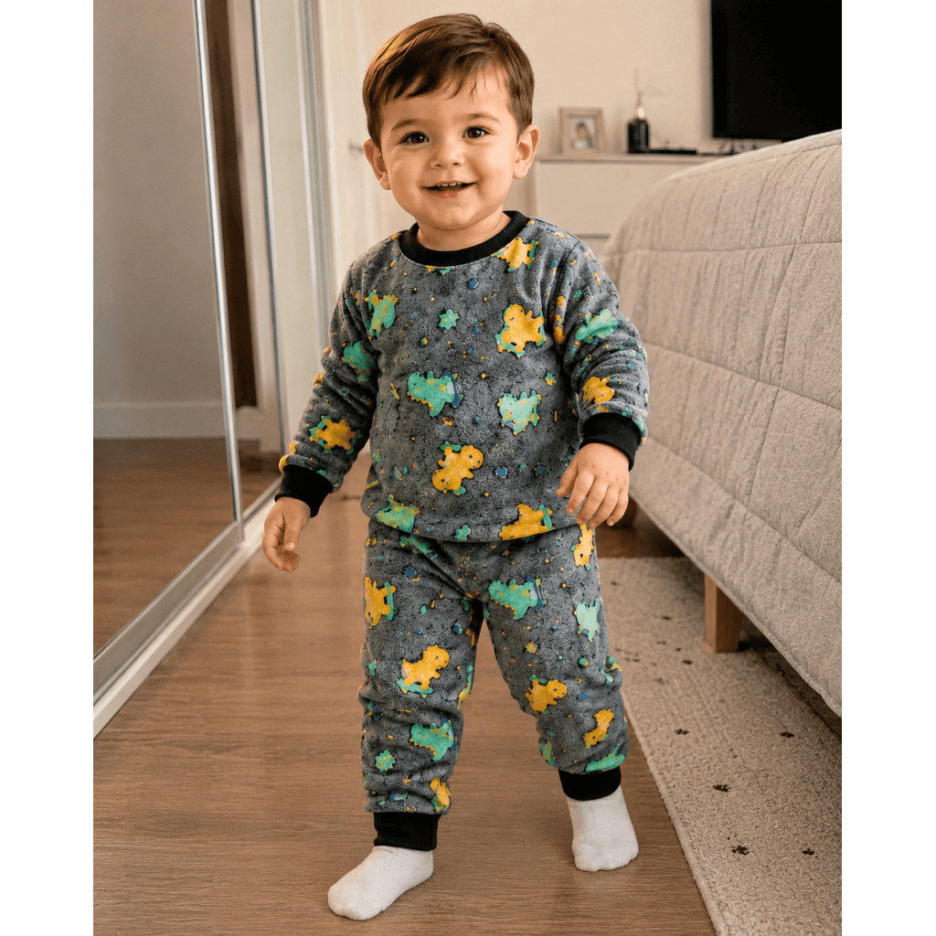 Pijama Bebê Fleece Pelinho Quentinho Estampado Blusa e Calça Conjunto