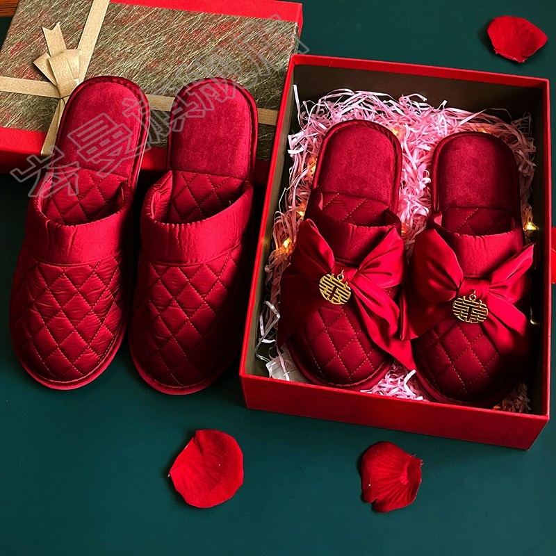 Imitação de seda chinelos de casamento festivo par vermelho inverno luz luxo casamento casal dote noiva casamento outono
