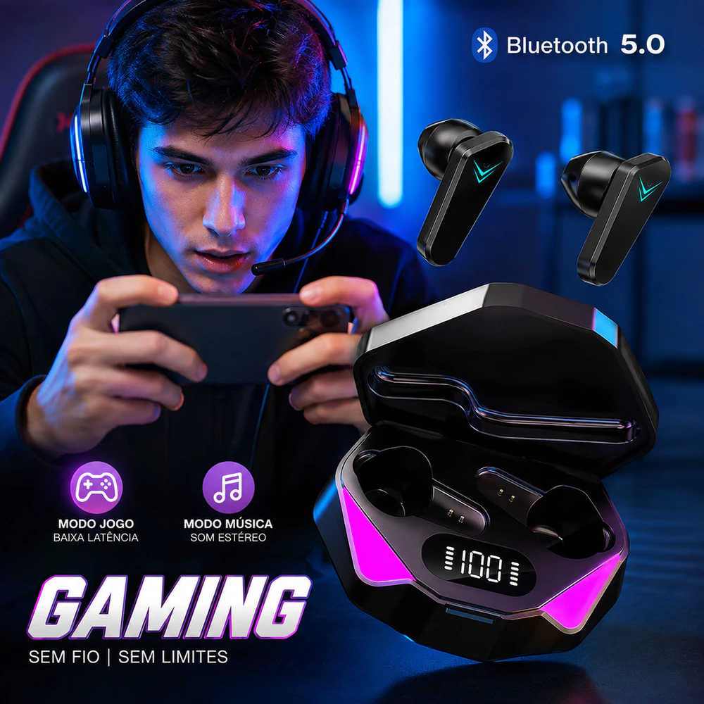 Fone Bluetooth TWS Gamer Baixa Latência 12mm LED Sem Fio Esportivo