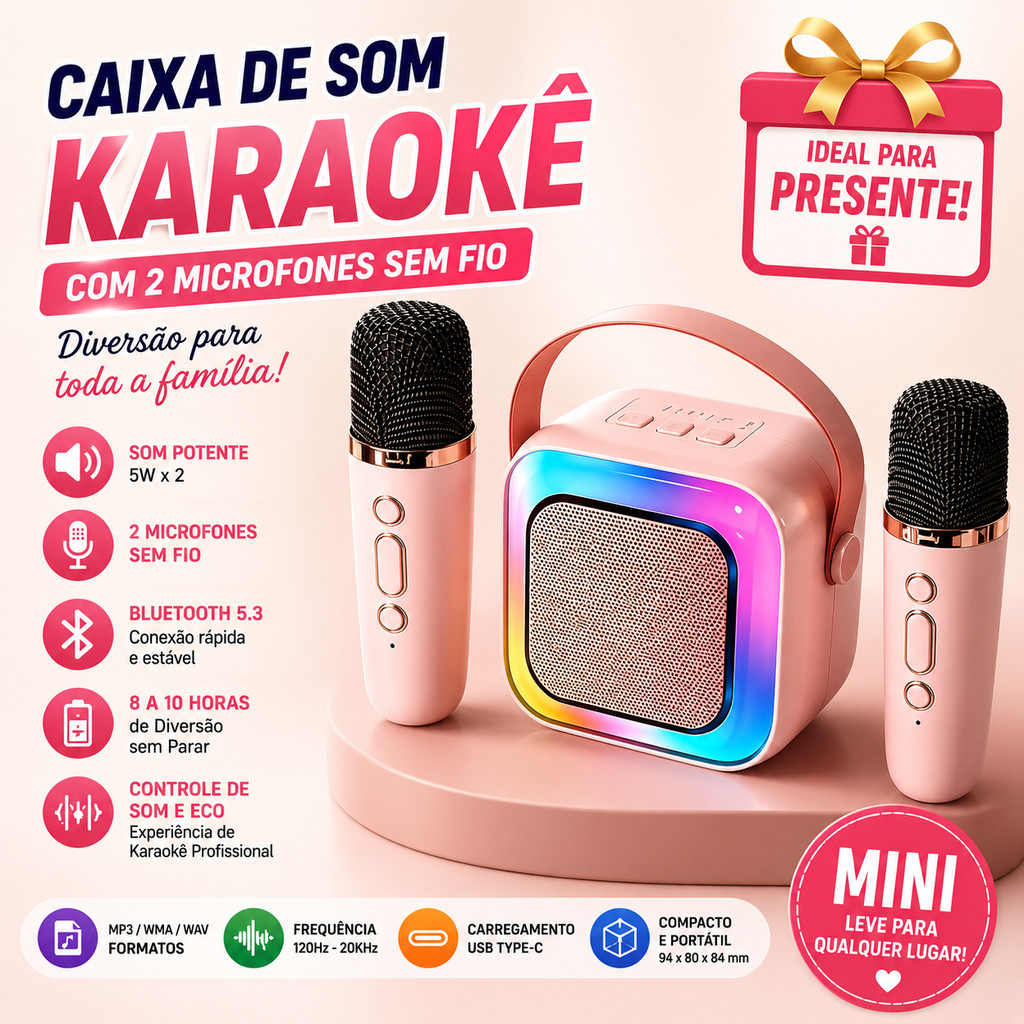 Atacado Karaokê  2 Microfones Sem Fio Presente Portátil Bluetooth 5.3| 5W x2 Bateria 10h Festa Família Crianças Ar Livre