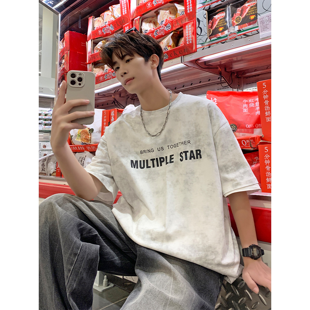 Camiseta americana de manga curta masculina verão 2026 novo estilo Street Wear Tie-Dye Design Casual em torno do pescoço