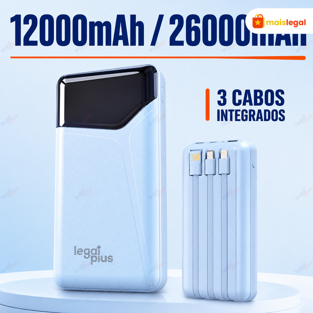 Carregador Portátil 12000/26000mAh Power Bank 3 Cabos Tela LED Tipo C Lightning Alta Capacidade Novo