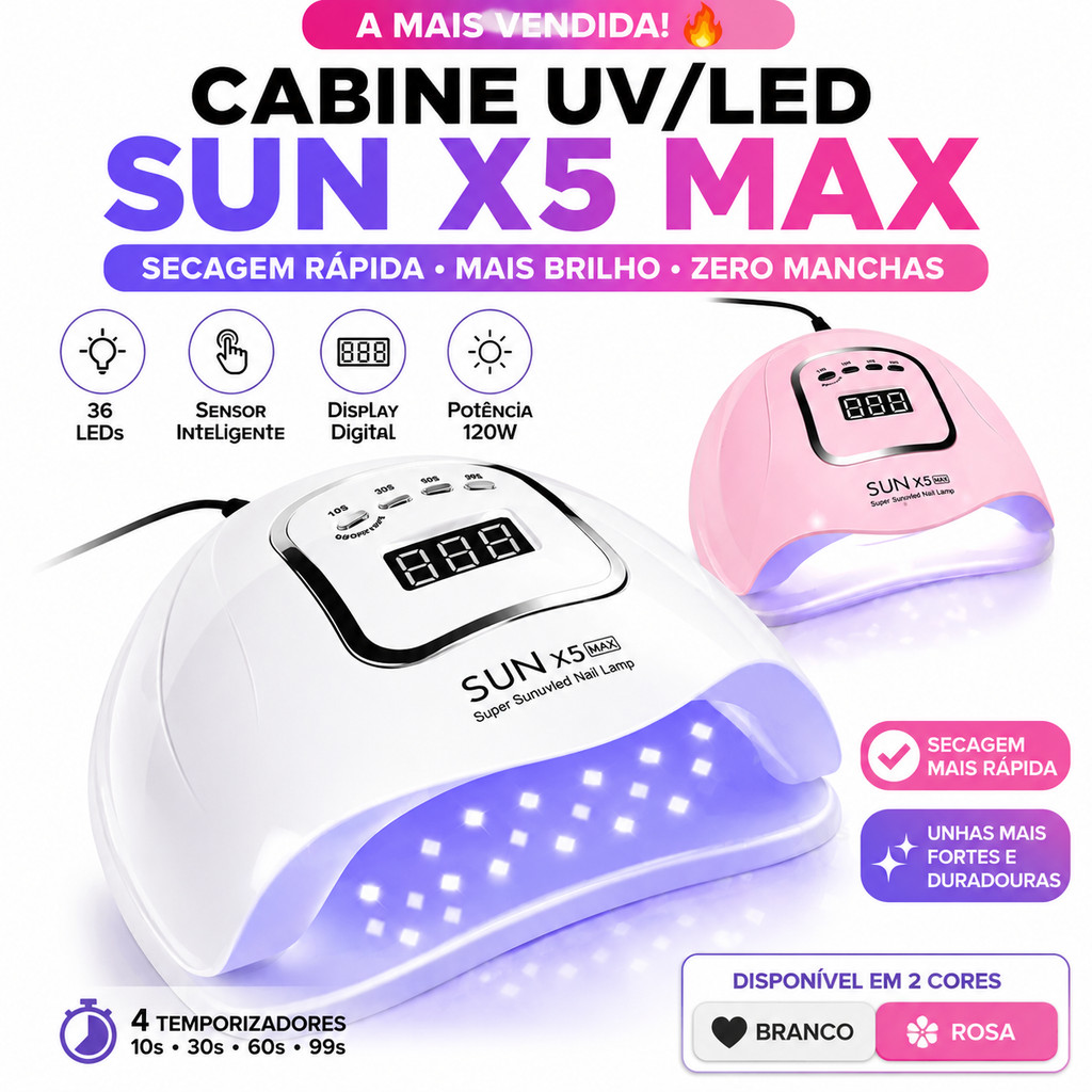 Cabine UV LED Sun X5 Max 120W 45 LEDs Secagem Rápida Unhas Gel Fibra Acrigel Polygel