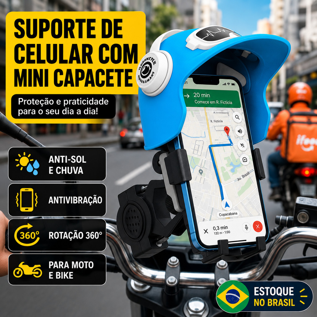 Suporte De Celular Para Moto E Bicicleta Com Mini Capacete Guidão Antivibração Rotação 360° Anti Sol E Chuva