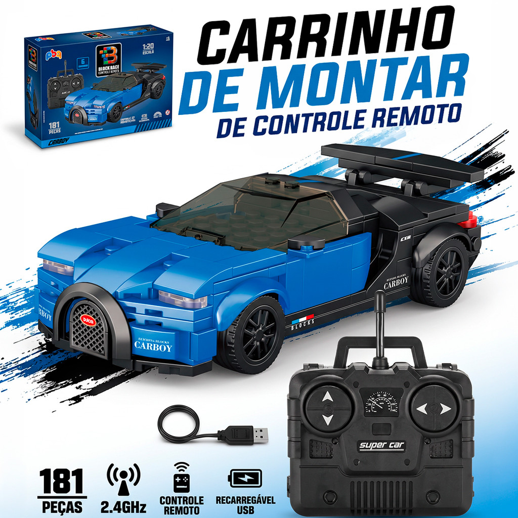 Carrinho De Controle Remoto Bloco De Montar 181 Peças Anda Recarregável Usb Infantil Menino