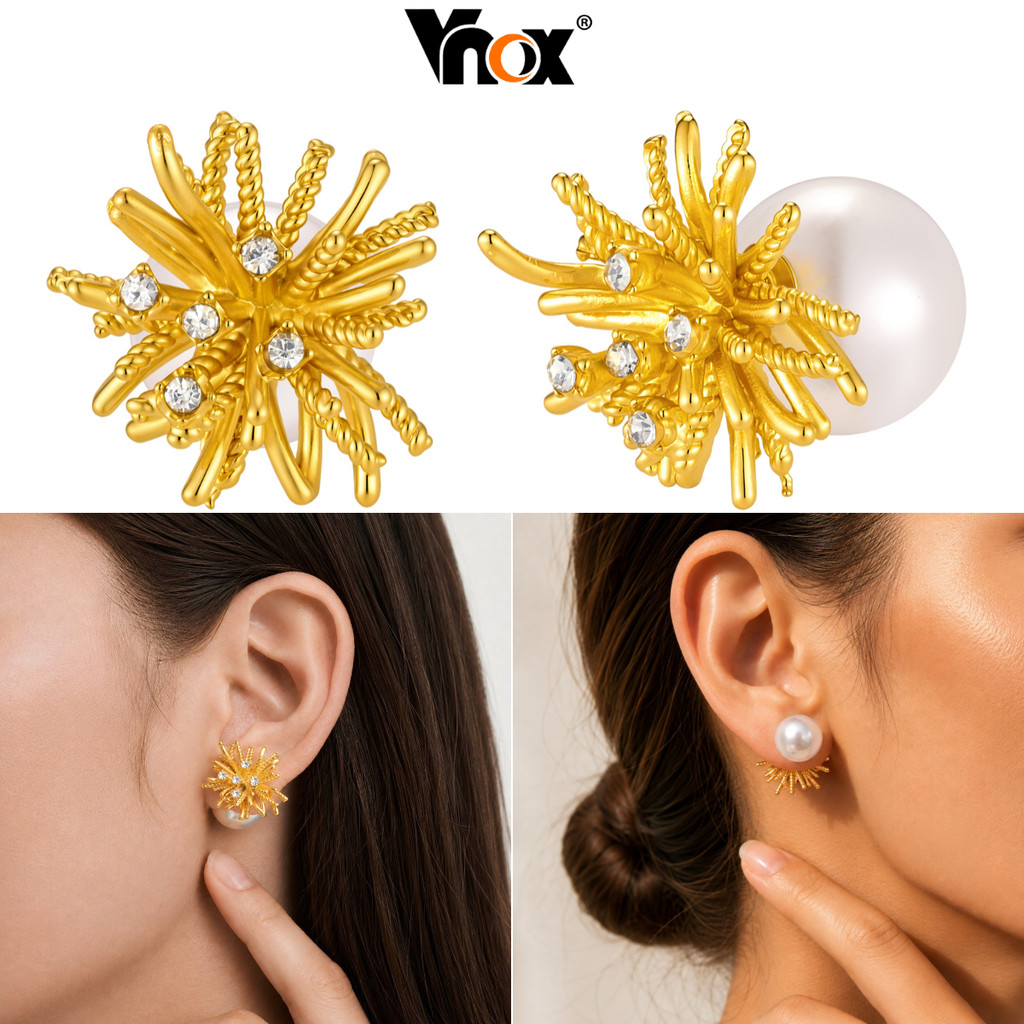Vnox Brincos De Fogo De Artifício De Pérola Falsa Para Mulheres , Perfurados De Dupla Face , Joias De Festa Da Moda , Pr
