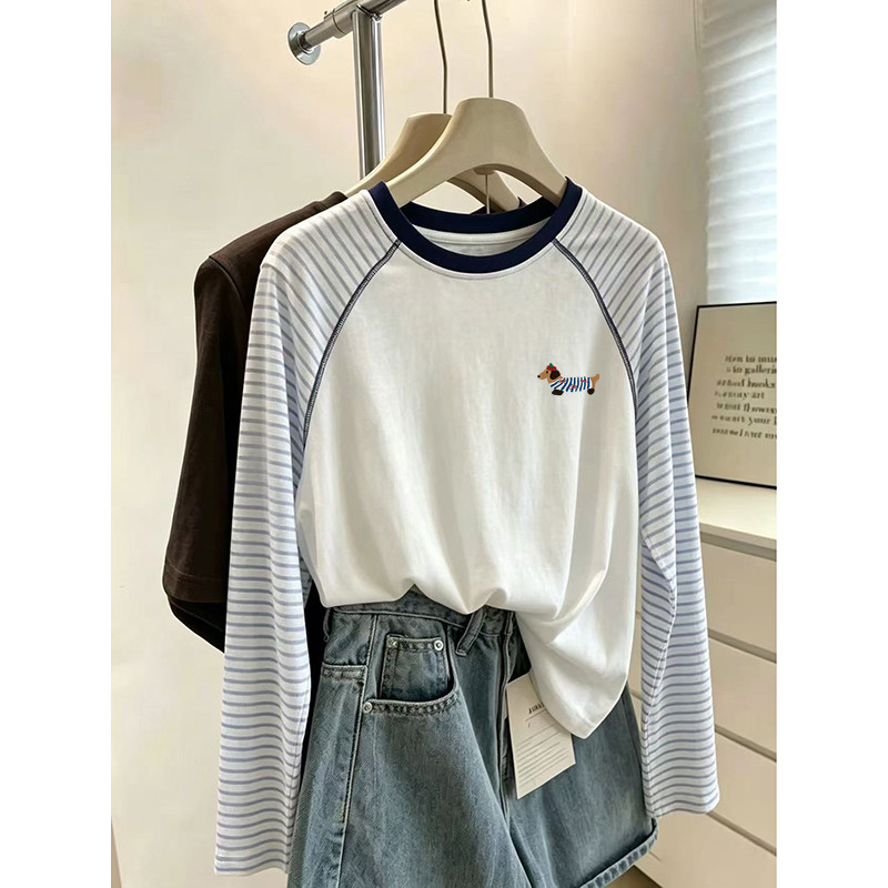 Estilo coreano preguiçoso contraste cor listrado manga comprida camiseta feminina primavera solta Design Casual sentido 