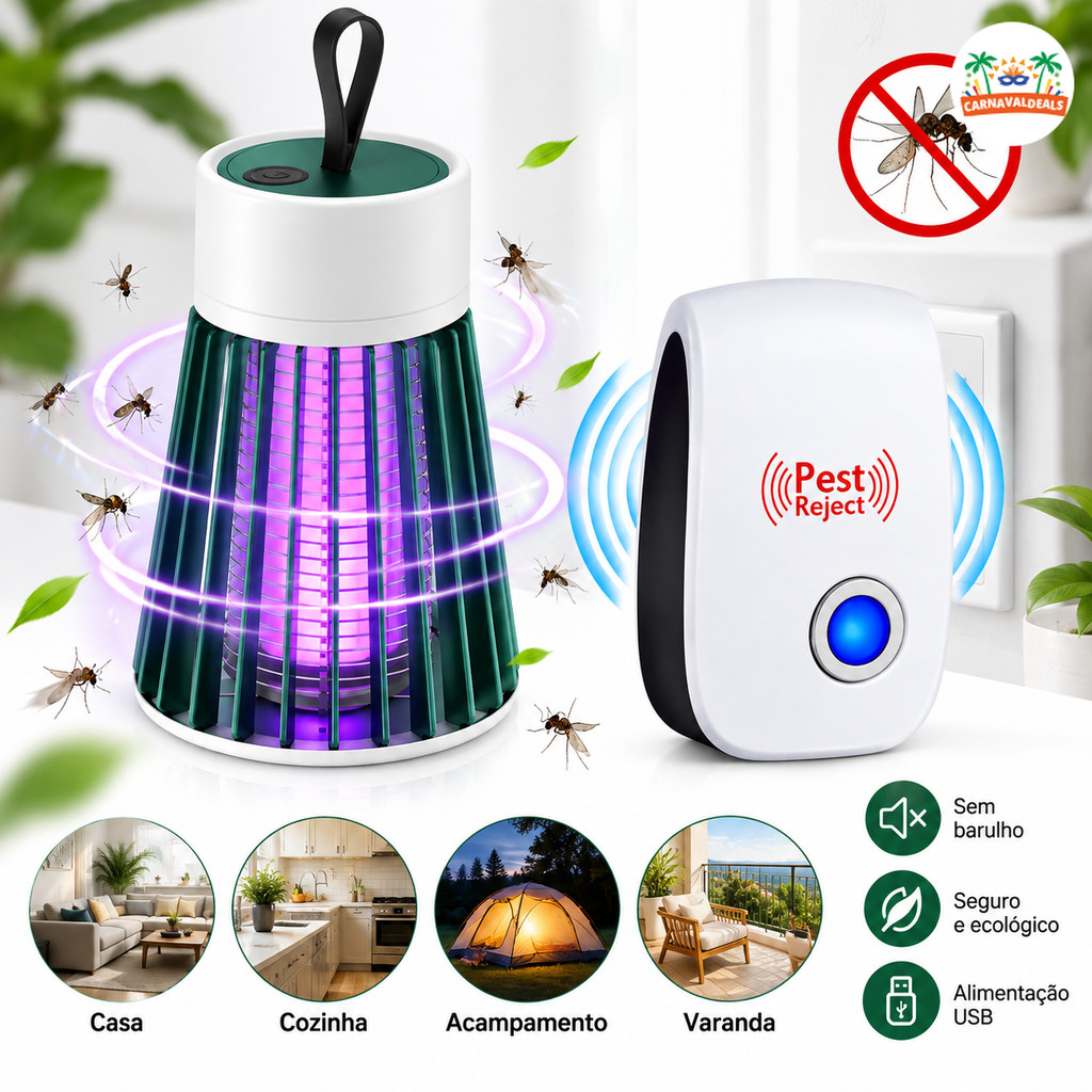 Kit Anti Mosquito Com Lâmpada LED UV USB E Repelente Ultrassônico 20-30m² Bivolt Para Quarto E Cozinha