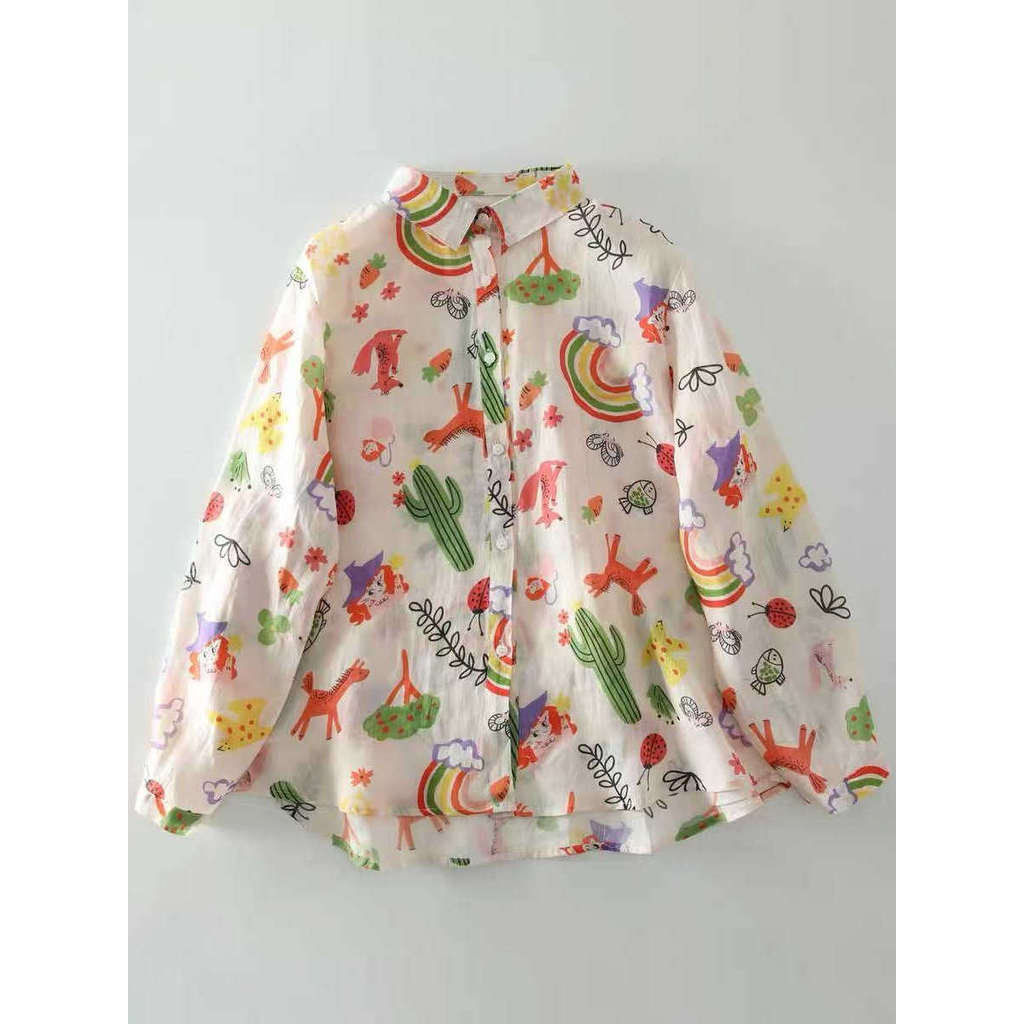 Contador grande marca comércio exterior roupas femininas dos desenhos animados arco-íris impresso camisa de manga compri