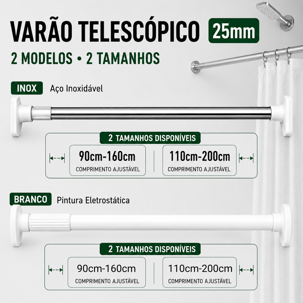 Varão Extensível Multiuso para Cortina Sem Furo Ajustável Branco Pintado ou Inox 70-110cm 110-200cm