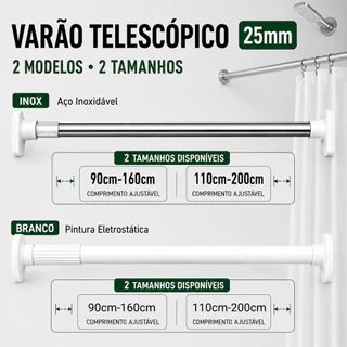 Varão Extensível Multiuso para Cortina Sem Furo Ajustável Branco Pintado ou Inox 70-110cm 110-200cm