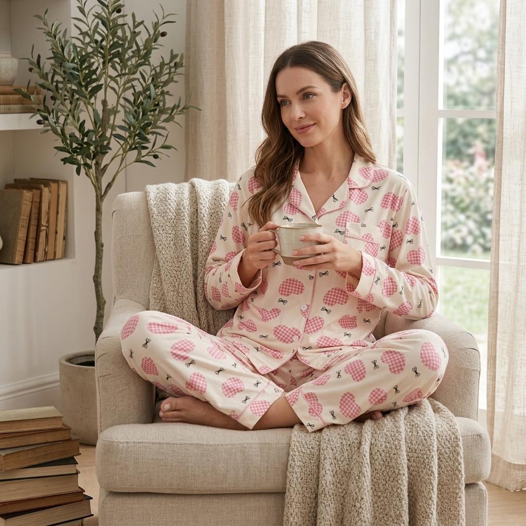 Z&D Pijama Feminino Manga Longa com Botões Camisa e Calça Estampa Coração Confortável SY62-2 · foto 2