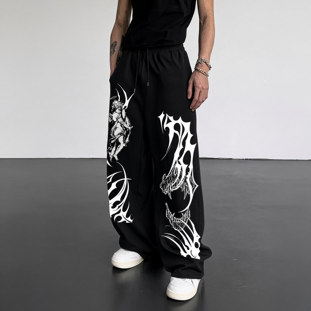 Calça Wide Leg Masculina Anjo Demônio Gótica Moletom Baggy Streetwear Dark Y2K Estampada