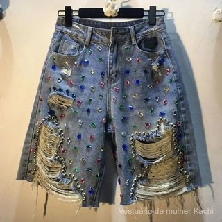 Calças Curtas de Verão 2025, Jeans de Cintura Alta, Shorts Rasgados Femininos, Elásticos, Desgastados, Lavados, com Diam